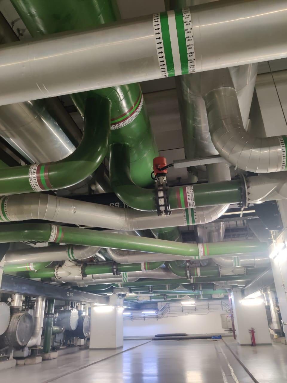 Insulated chilled water pipework in the plant room