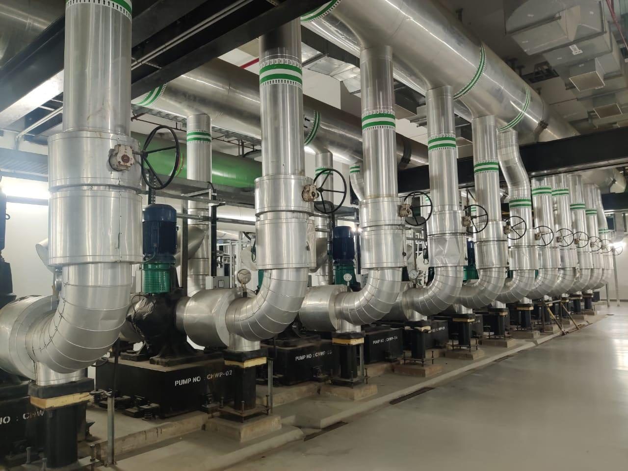 Pump sets and pipework in the plant room