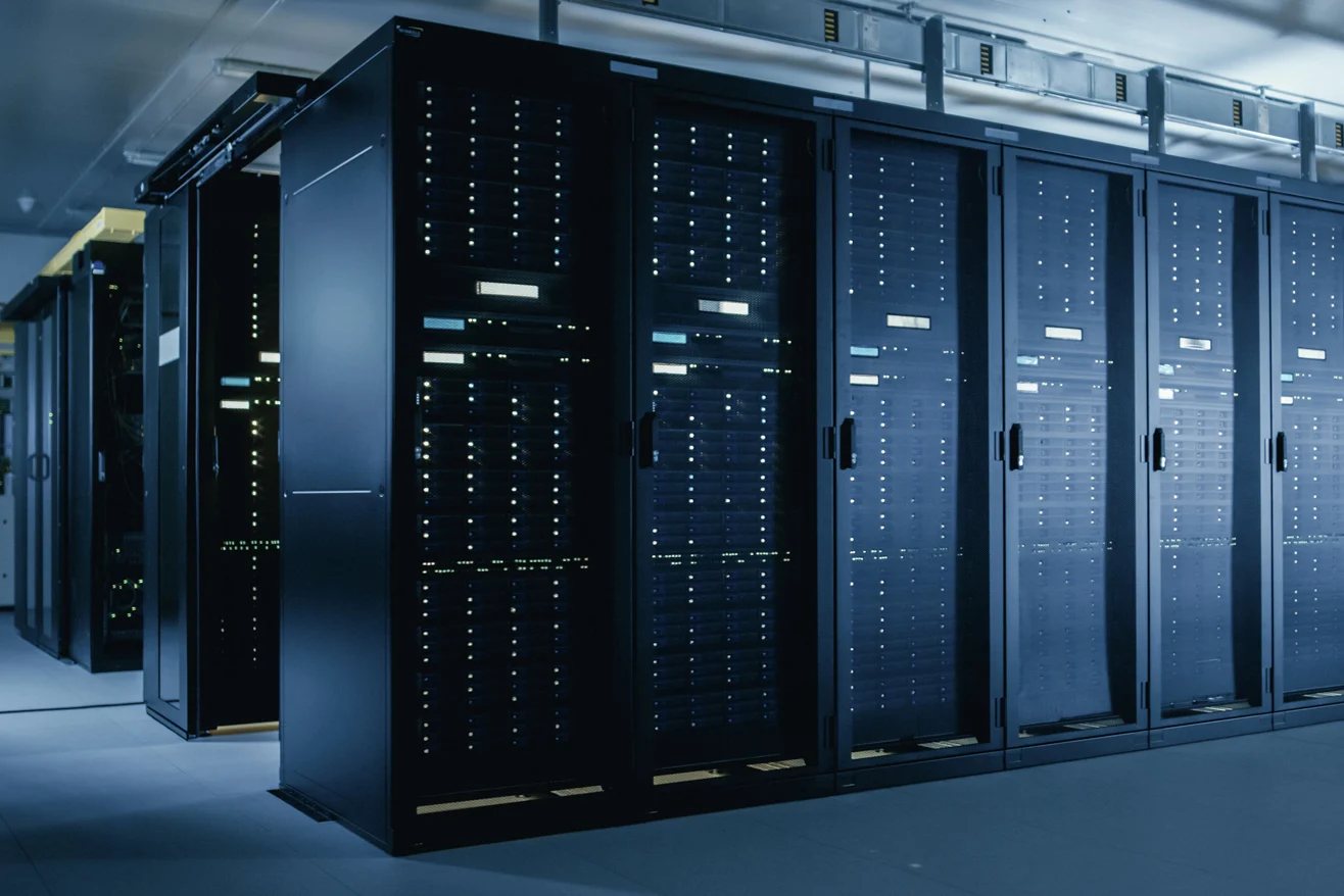 Rows of server racks in a data centre